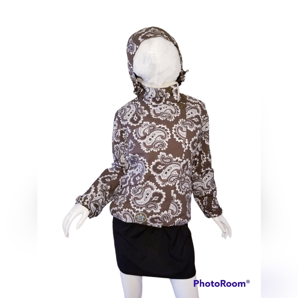 BURTON WOMEN SKI SNOW WINTER JACKET DETACHABLE HOOD BROWN AQUA PAISLEY SIZE S *